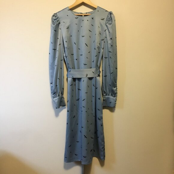 H&M Retro 70s Crane Silky Button Sleeve Belted Midi Dress - Picture 1 of 16